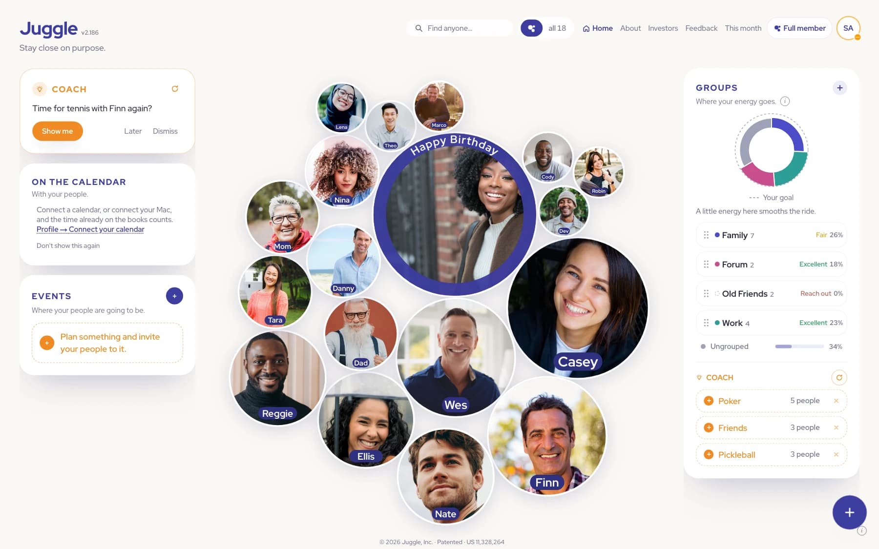 The Juggle app: your people as faces on one screen, sized by how long it has been, with your next person unmistakably next
